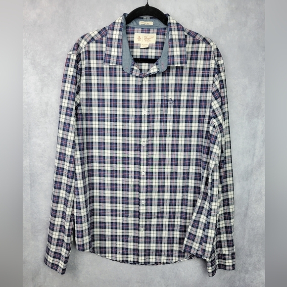 Original Penguin Men’s Blue White Red Crosshatch‎ Button Down Heritage Slim Fit - Picture 1 of 10